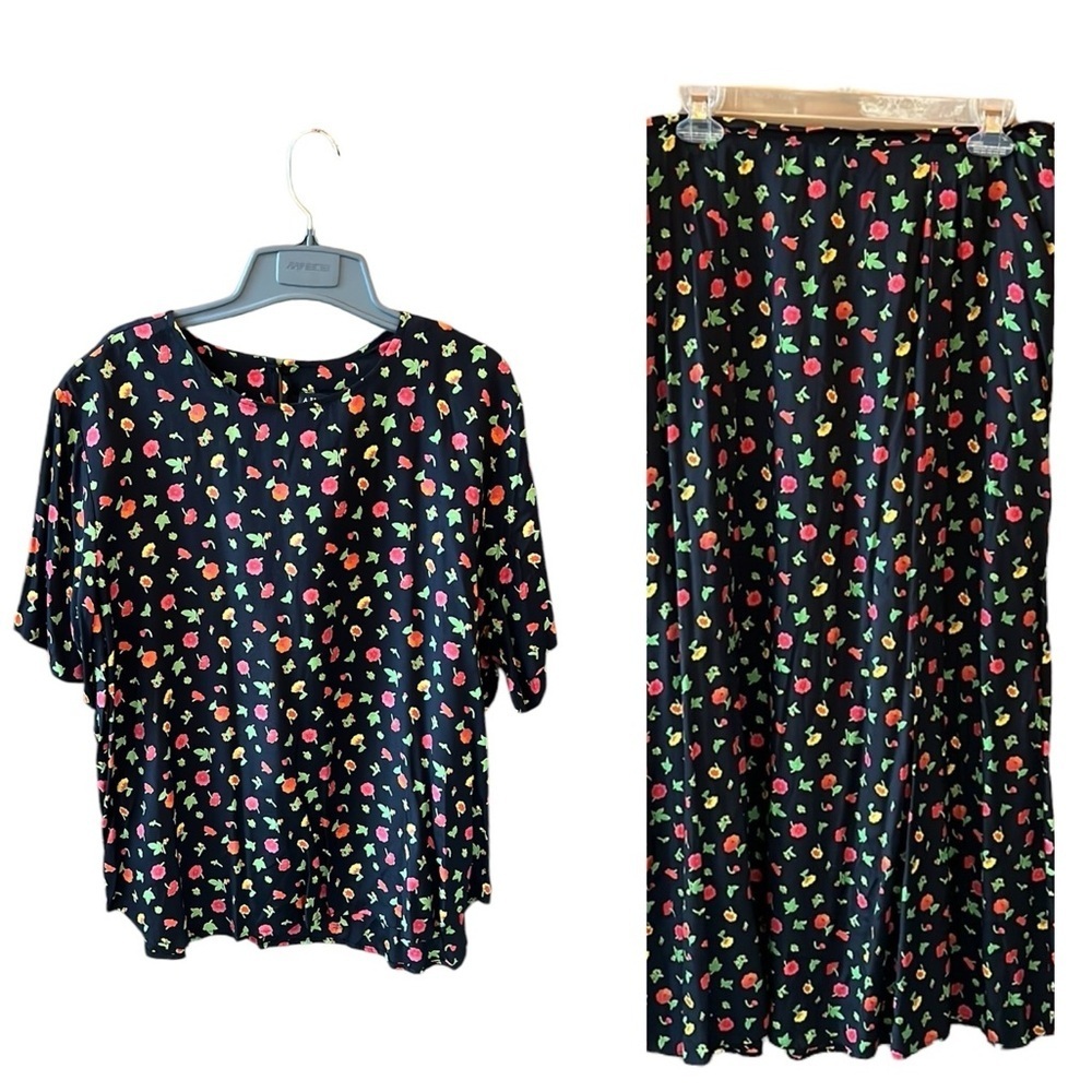 Ali Miles Vintage XL Midi Skirt Set in Black Watercolor Floral 90’s